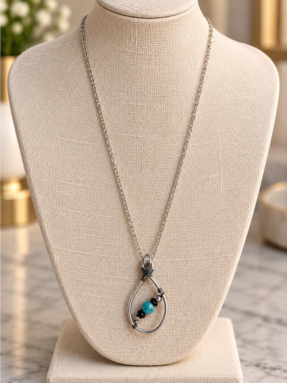 Source Unknown Silver Teardrop Necklace with Turquoise Bead